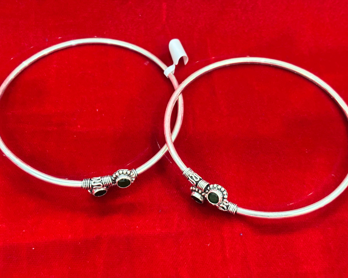 92.5 Pure Silver kada Anklets with 2 green coloured cut stones