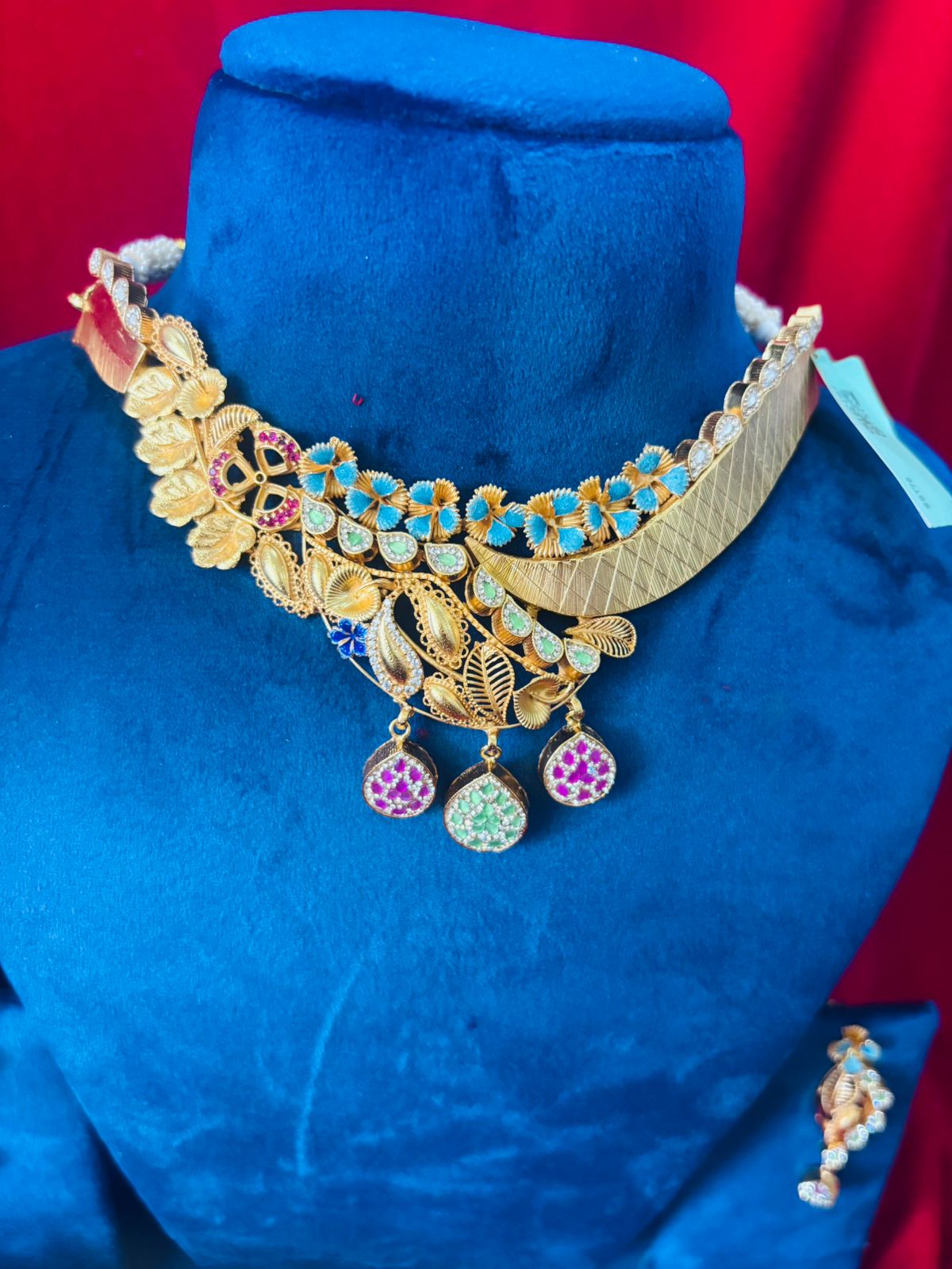 92.5 Silver Gold plated Half n Half Necklace with Earrings (GS-02)