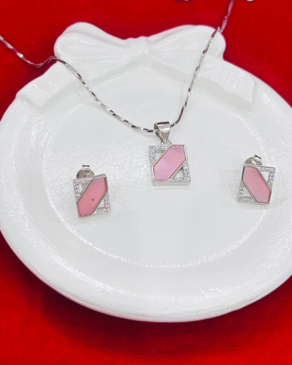 92.5 Pure Silver MoP Rectangle Pendent set with Earrings (chain not included)