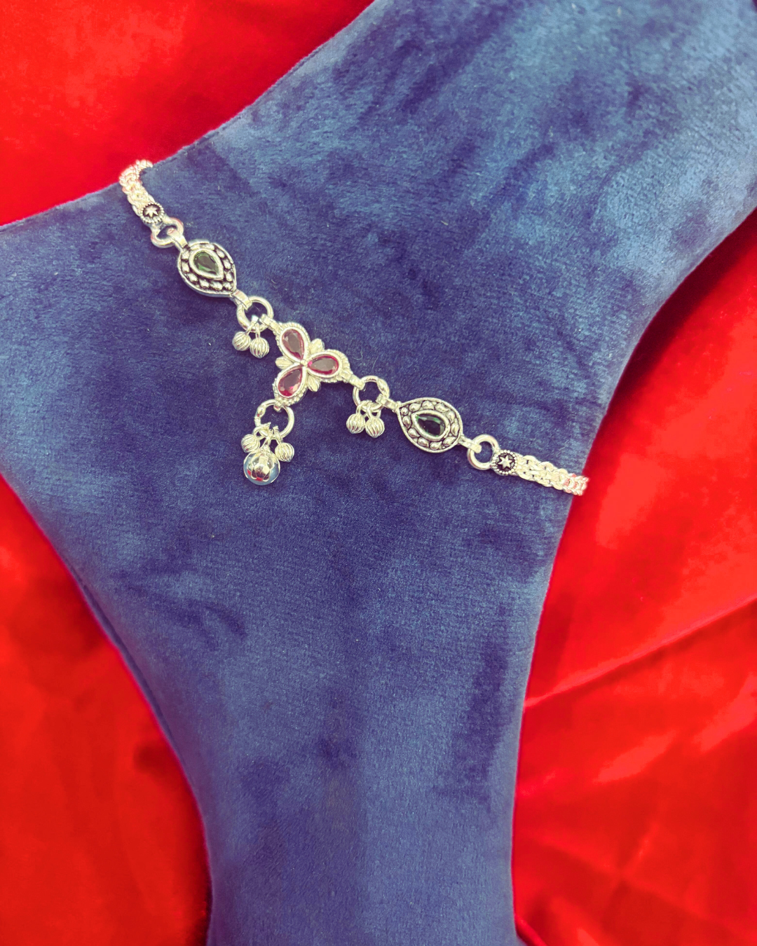 Real Silver Red Green Tri-flower Antique Anklets (1 pair)