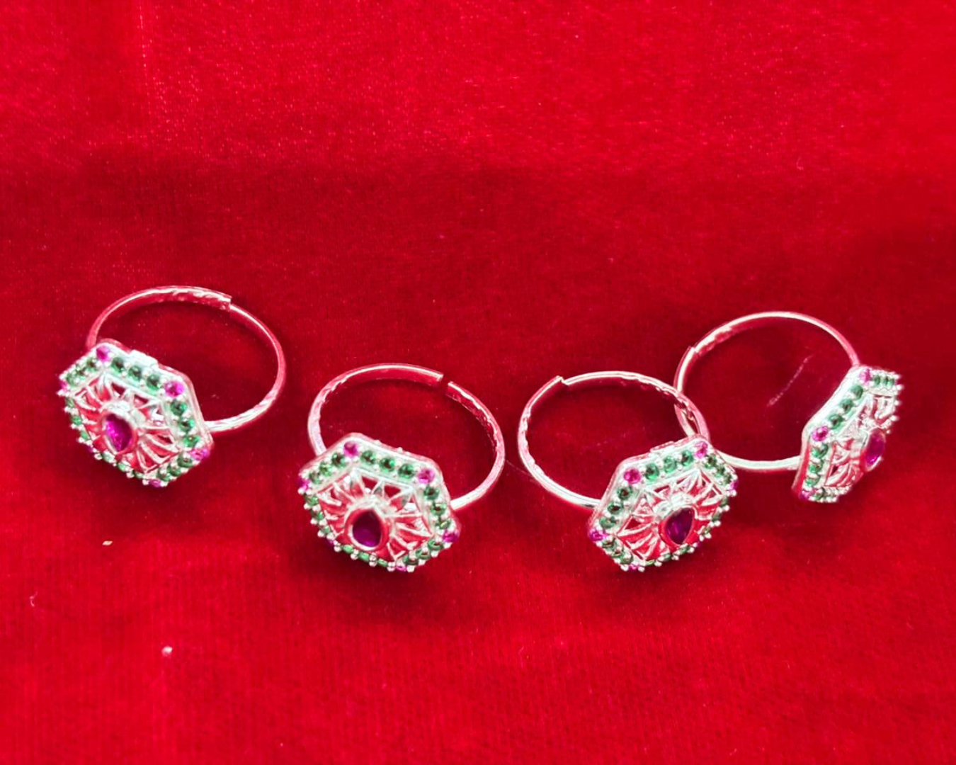 Real Silver Multicolour stone Hexagonal Bichiya/ Toe rings (set of 4 pieces)