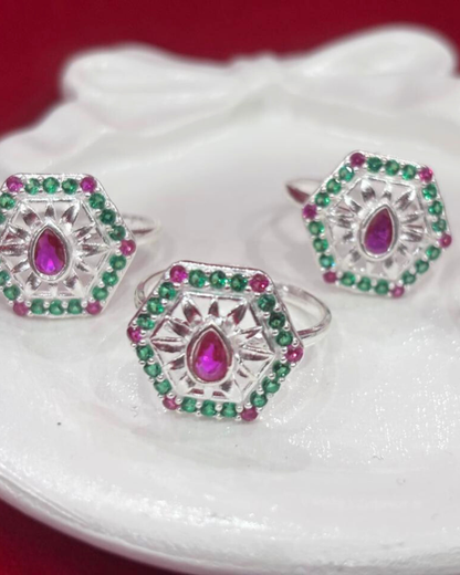 Real Silver Multicolour stone Hexagonal Bichiya/ Toe rings (set of 4 pieces)