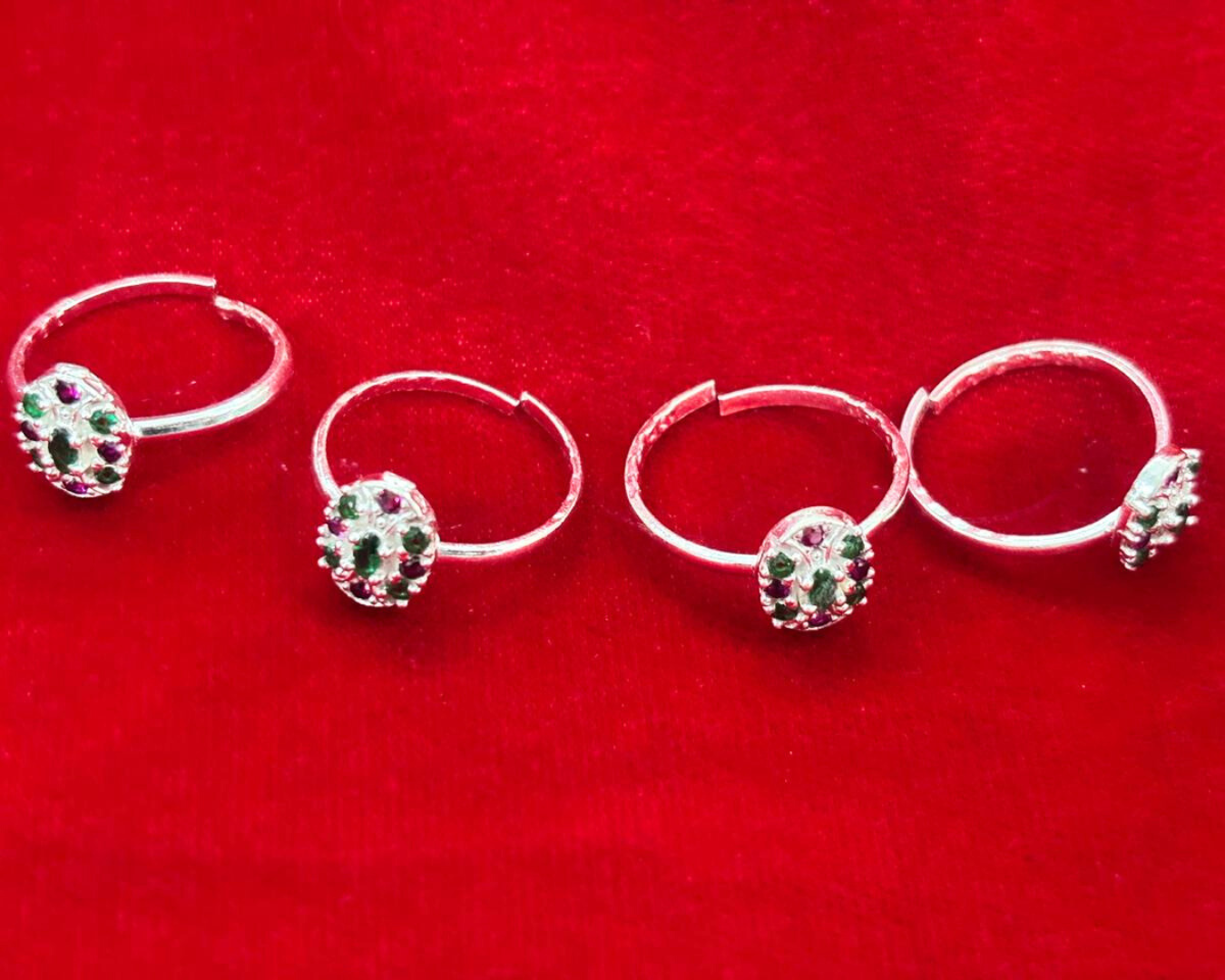Real Silver Pink & Green oval Bichiya/ Toe rings (set of 4 pieces)
