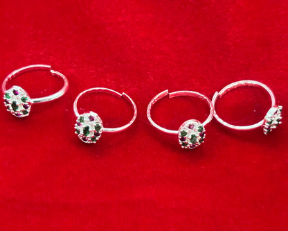 Real Silver Pink & Green oval Bichiya/ Toe rings (set of 4 pieces)