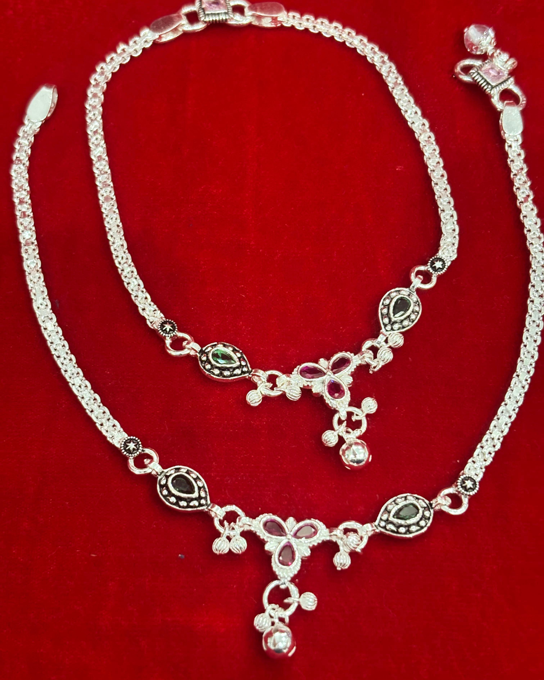 Real Silver Red Green Tri-flower Antique Anklets (1 pair)