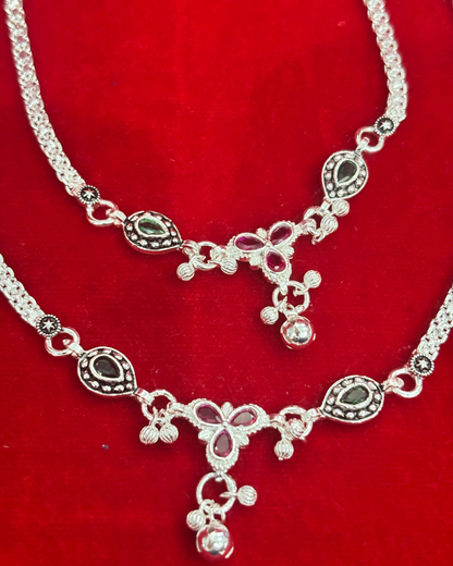 Real Silver Red Green Tri-flower Antique Anklets (1 pair)