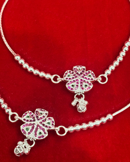 Real Silver Pink Green Centre Flower Anklets (1 pair)