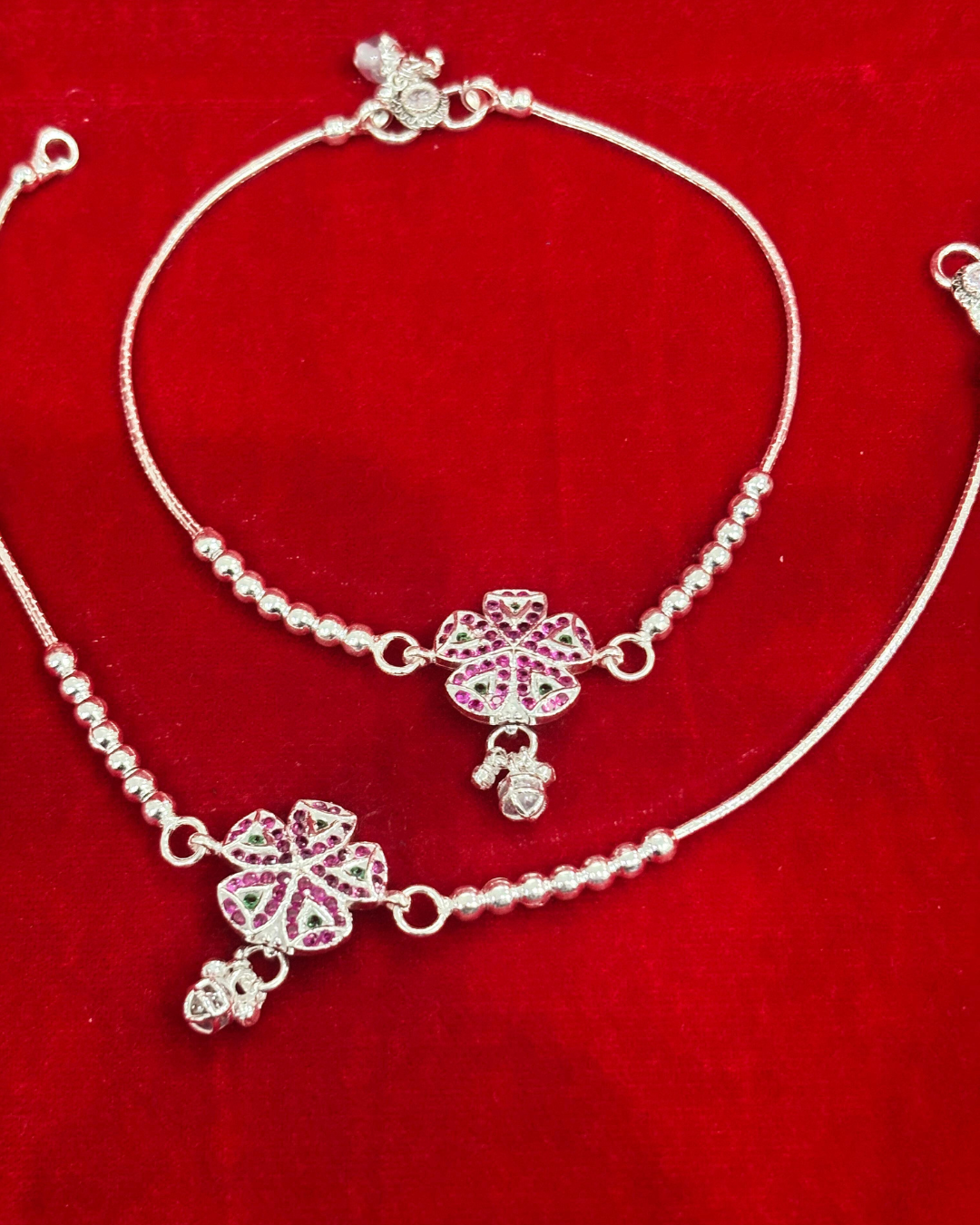 Real Silver Pink Green Centre Flower Anklets (1 pair)