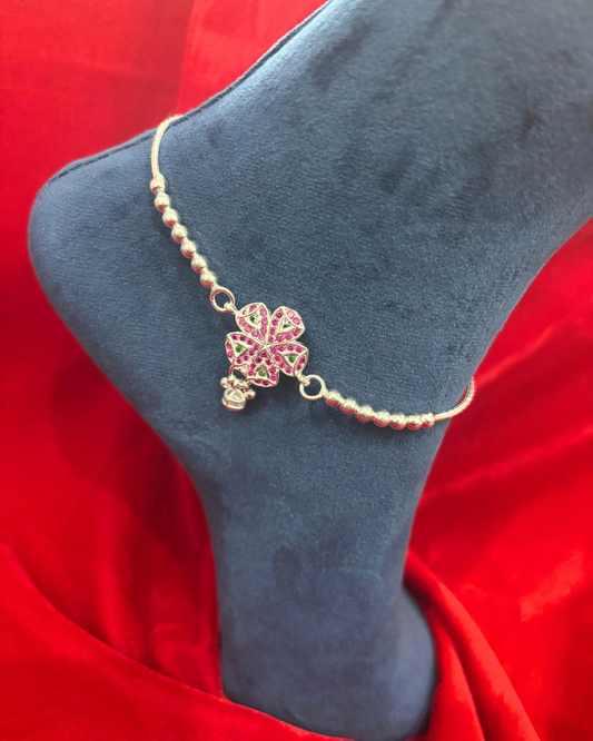 Real Silver Pink Green Centre Flower Anklets (1 pair)