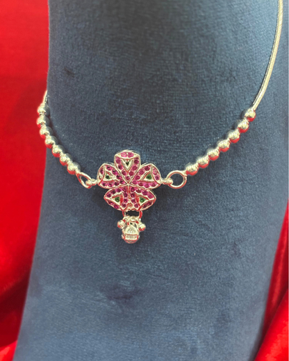 Real Silver Pink Green Centre Flower Anklets (1 pair)