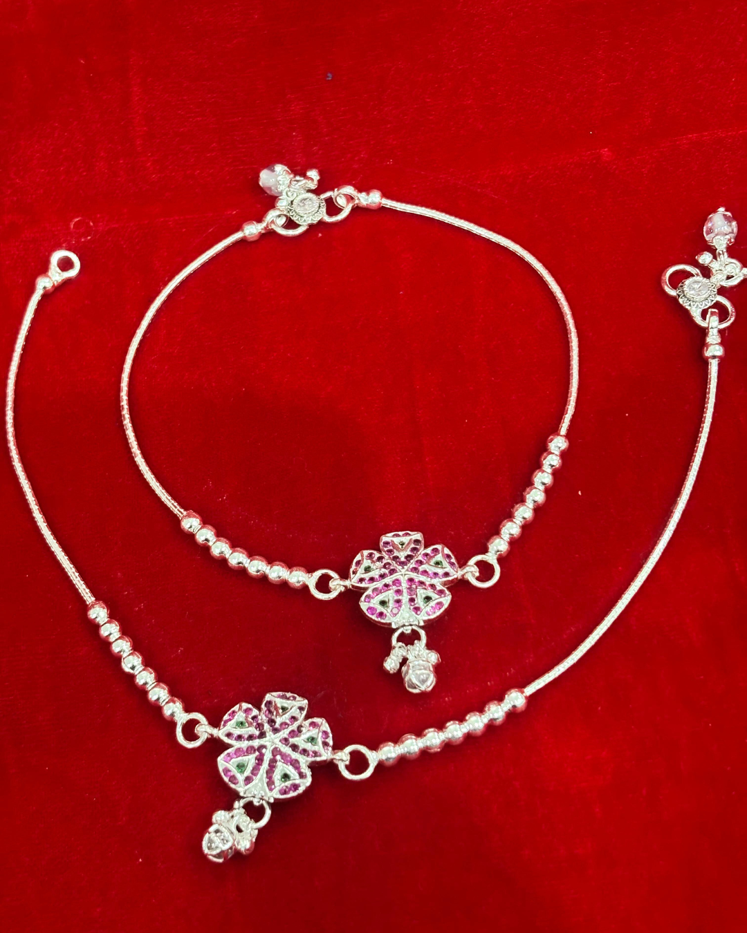 Real Silver Pink Green Centre Flower Anklets (1 pair)