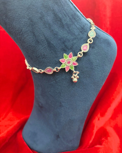 Real Silver Premium Pink Green Centre Flower Bridal Anklets (1 pair)