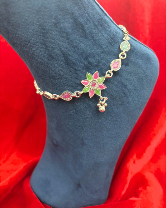 Real Silver Premium Pink Green Centre Flower Bridal Anklets (1 pair)