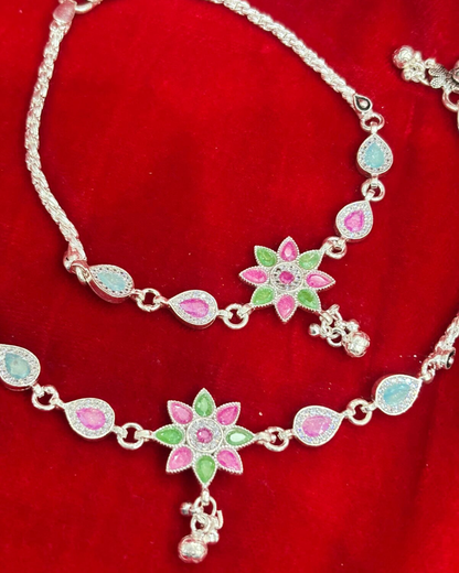 Real Silver Premium Pink Green Centre Flower Bridal Anklets (1 pair)