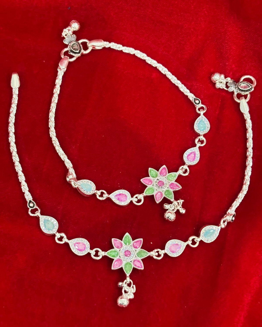 Real Silver Premium Pink Green Centre Flower Bridal Anklets (1 pair)