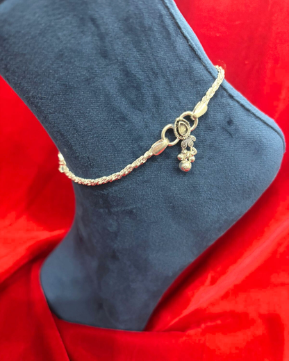 Real Silver Premium Pink Green Centre Flower Bridal Anklets (1 pair)
