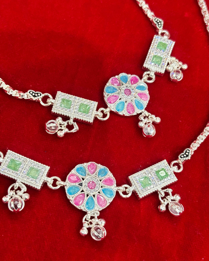 Real Silver Premium Pink Blue Green Centre Stone Bridal Anklets (1 pair)