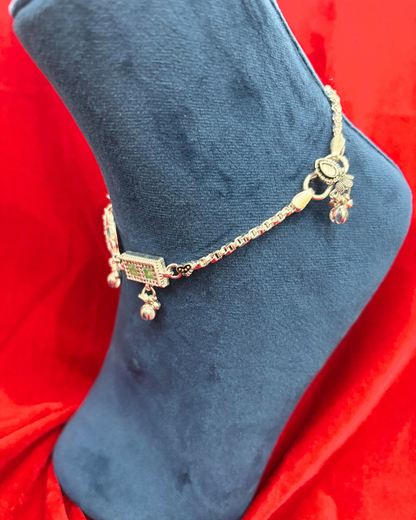 Real Silver Premium Pink Blue Green Centre Stone Bridal Anklets (1 pair)