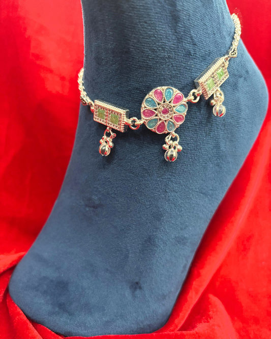Real Silver Premium Pink Blue Green Centre Stone Bridal Anklets (1 pair)