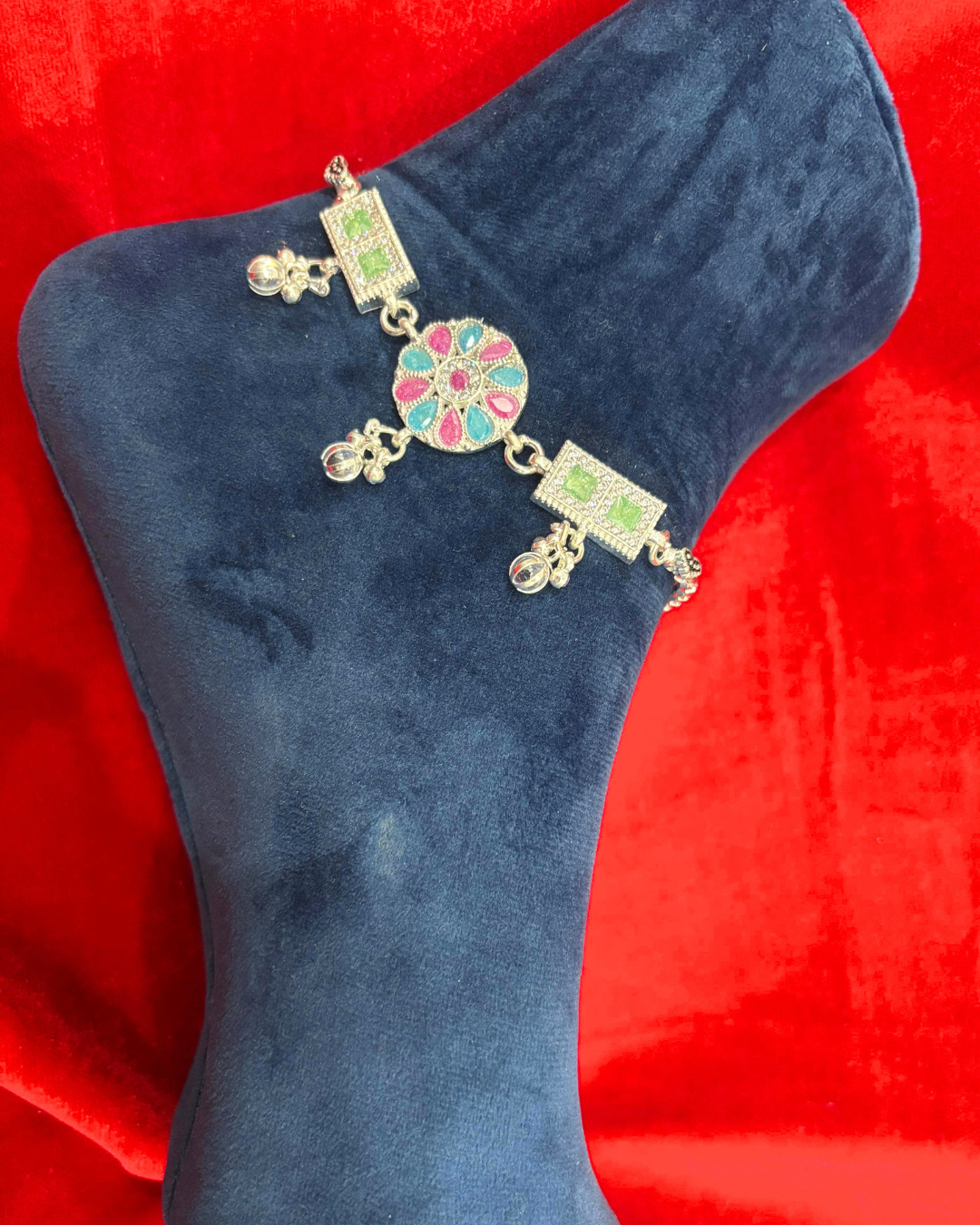 Real Silver Premium Pink Blue Green Centre Stone Bridal Anklets (1 pair)