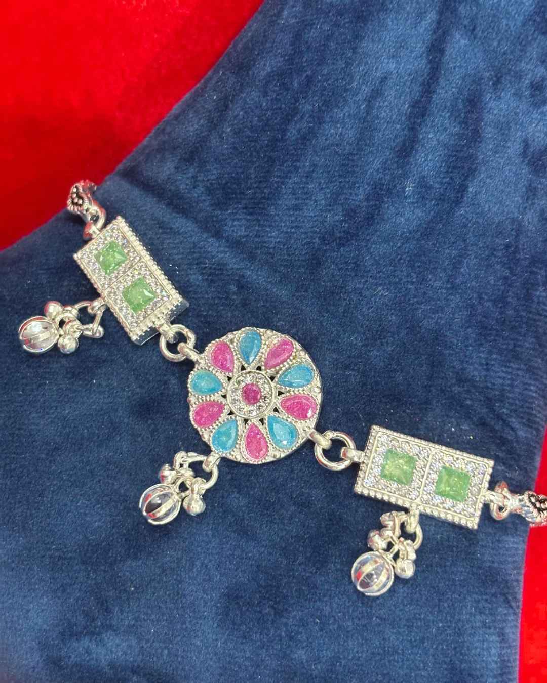 Real Silver Premium Pink Blue Green Centre Stone Bridal Anklets (1 pair)