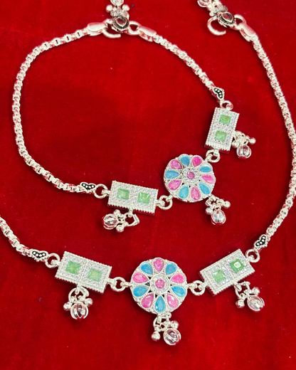 Real Silver Premium Pink Blue Green Centre Stone Bridal Anklets (1 pair)