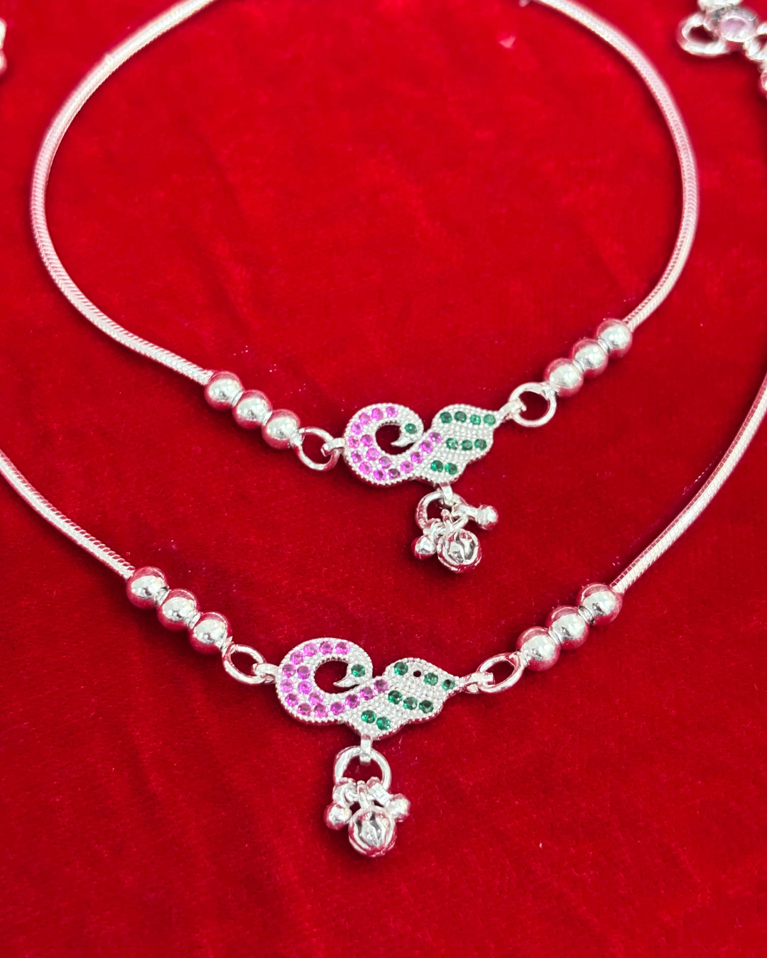 Real Silver Pink Green Peacock Dailywear Anklets (1 pair)