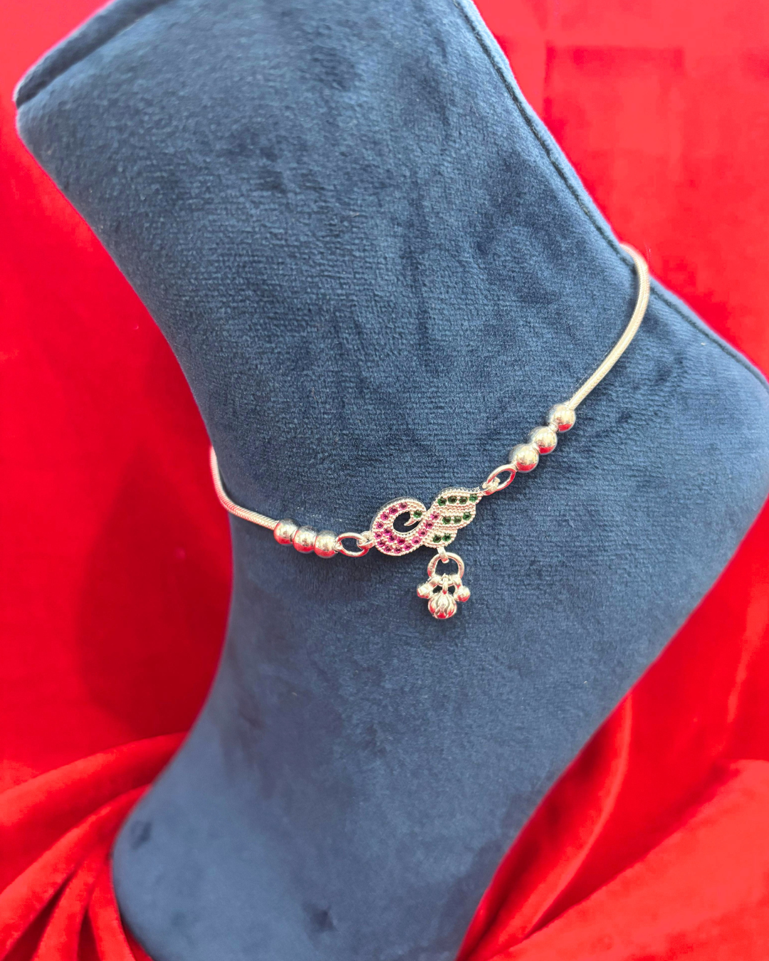 Real Silver Pink Green Peacock Dailywear Anklets (1 pair)