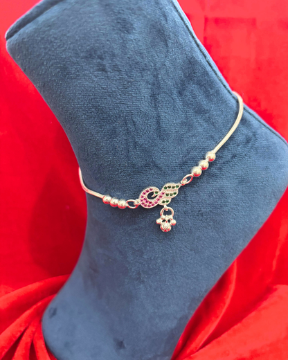 Real Silver Pink Green Peacock Dailywear Anklets (1 pair)