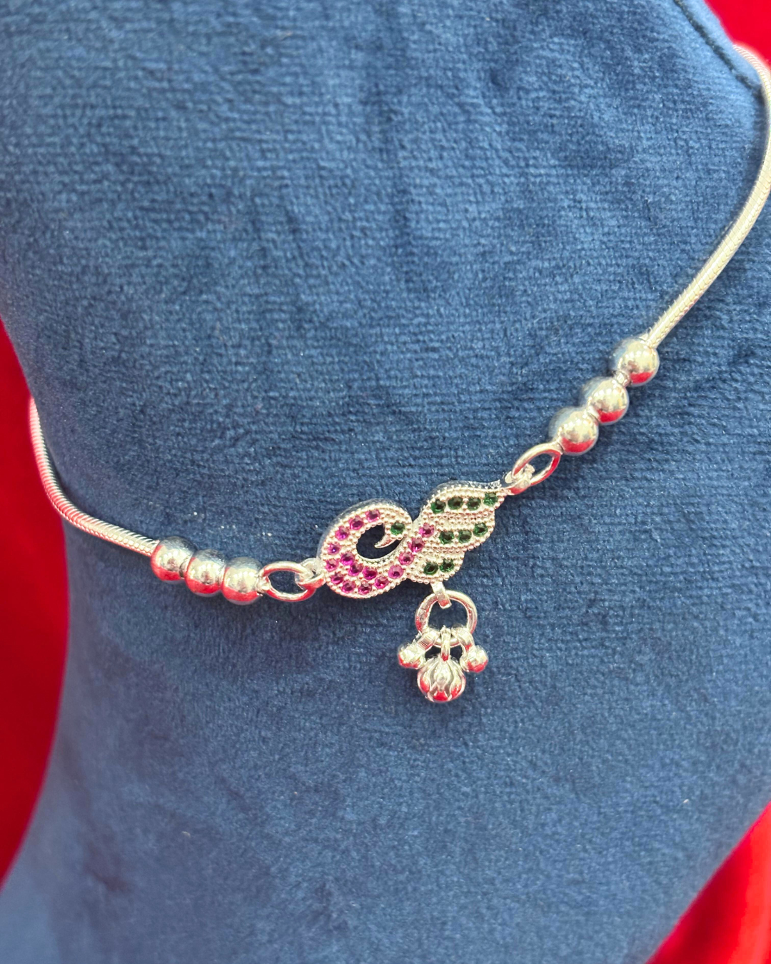 Real Silver Pink Green Peacock Dailywear Anklets (1 pair)