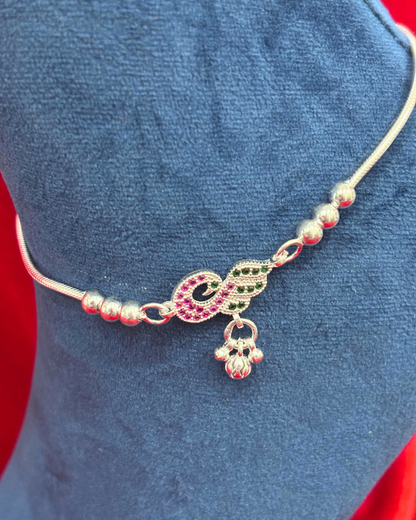 Real Silver Pink Green Peacock Dailywear Anklets (1 pair)
