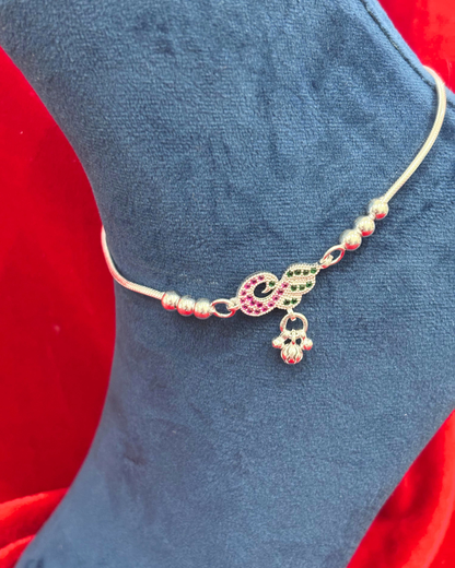 Real Silver Pink Green Peacock Dailywear Anklets (1 pair)