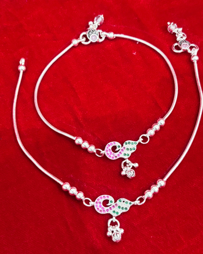 Real Silver Pink Green Peacock Dailywear Anklets (1 pair)
