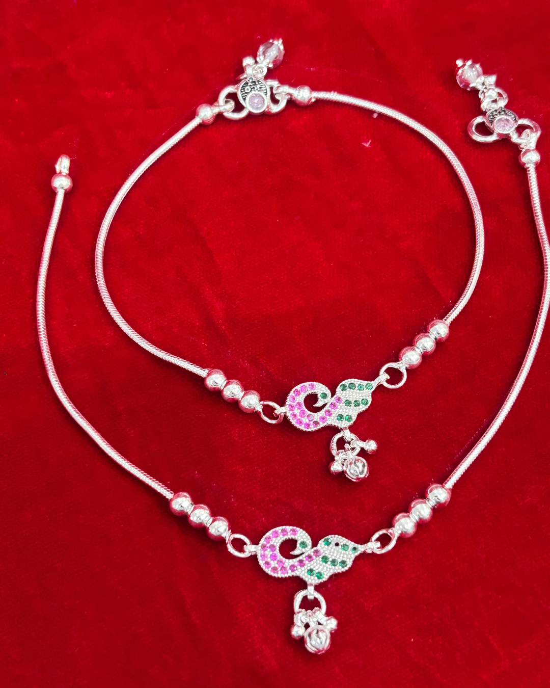 Real Silver Pink Green Peacock Dailywear Anklets (1 pair)