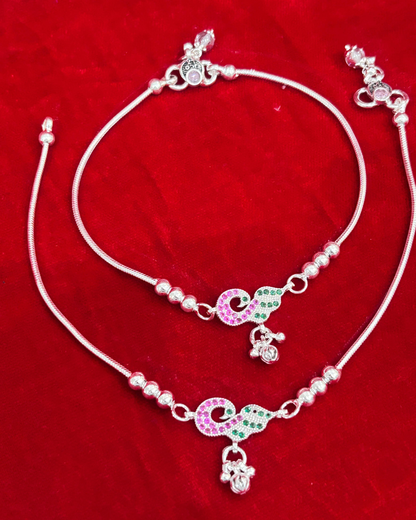 Real Silver Pink Green Peacock Dailywear Anklets (1 pair)