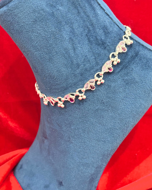 Real Silver Pink Stone Flower Dailywear Anklets (1 pair)