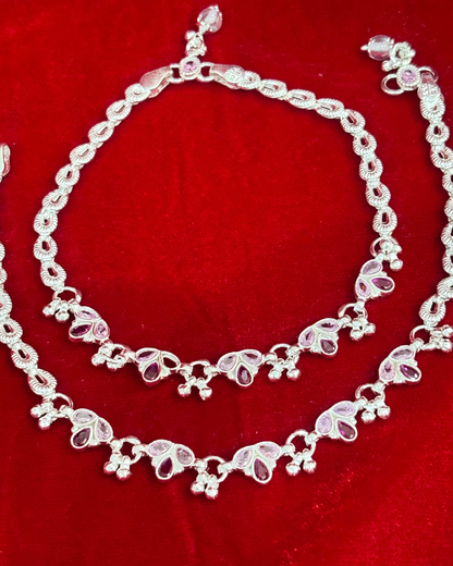 Real Silver Pink Stone Flower Dailywear Anklets (1 pair)