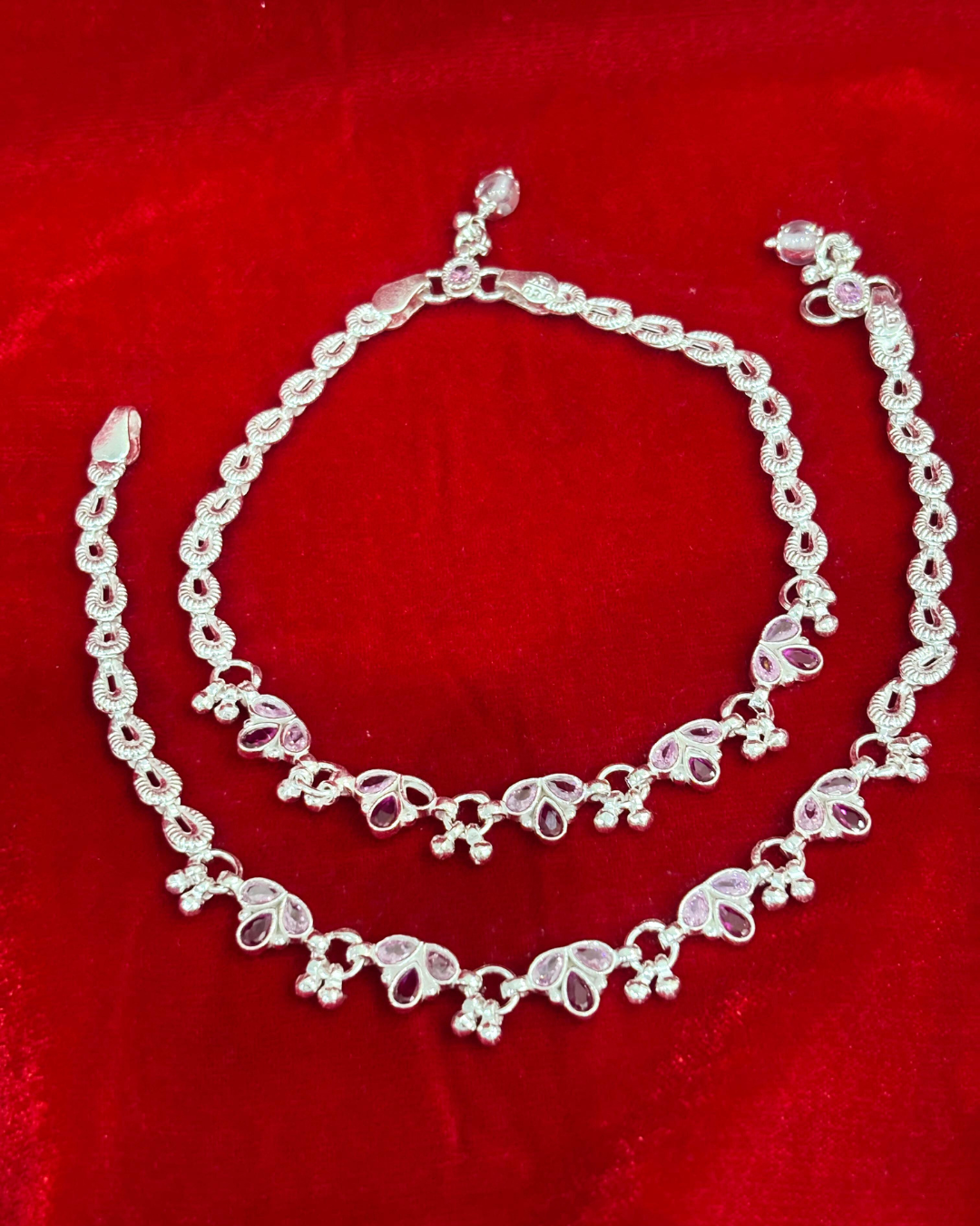 Real Silver Pink Stone Flower Dailywear Anklets (1 pair)