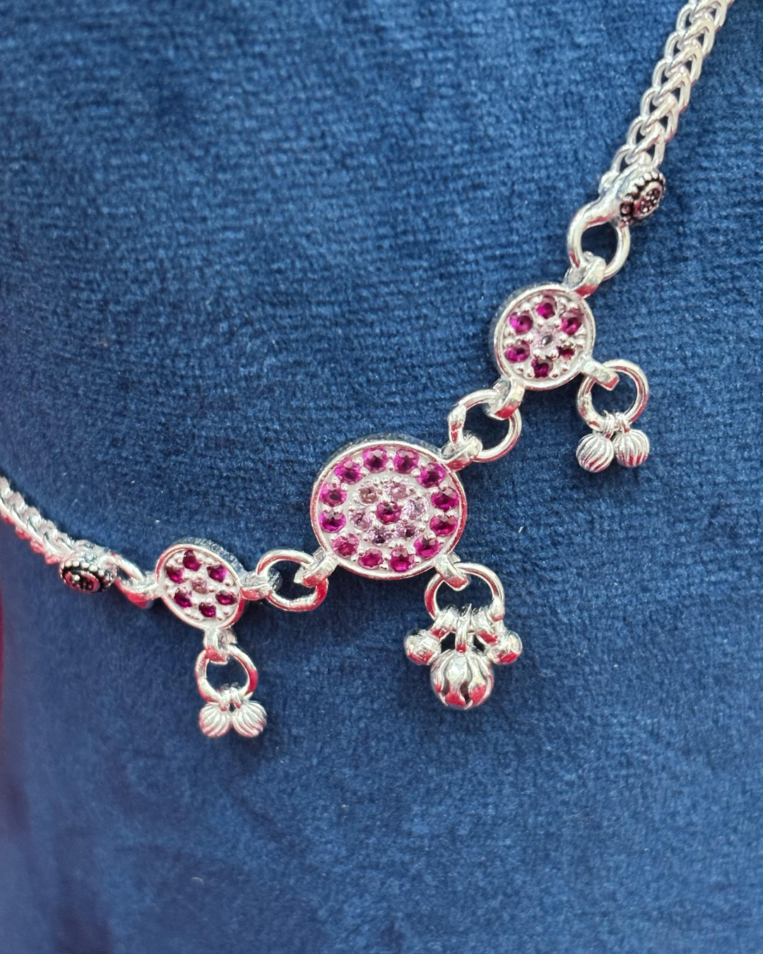 Real Silver Pink Stone Chakri Dailywear Anklets (1 pair)