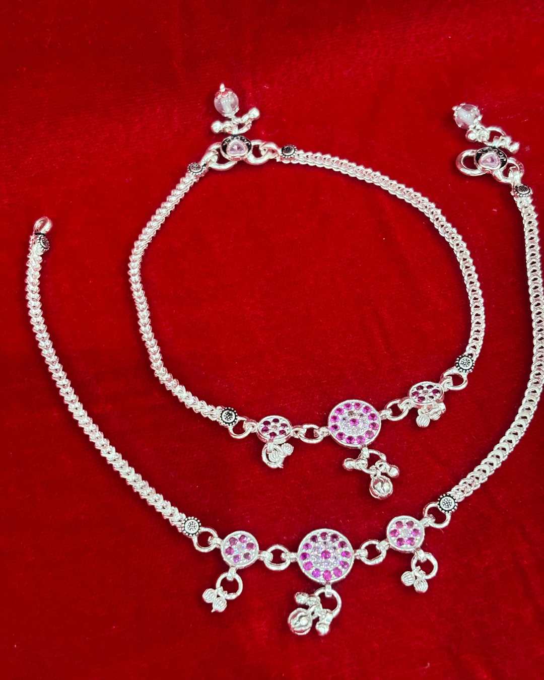 Real Silver Pink Stone Chakri Dailywear Anklets (1 pair)