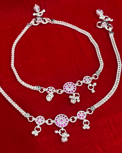 Real Silver Pink Stone Chakri Dailywear Anklets (1 pair)