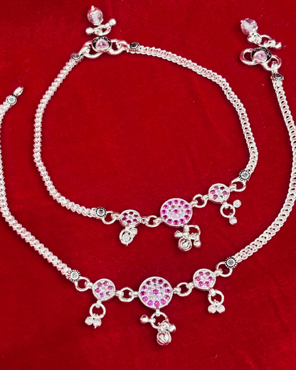 Real Silver Pink Stone Chakri Dailywear Anklets (1 pair)