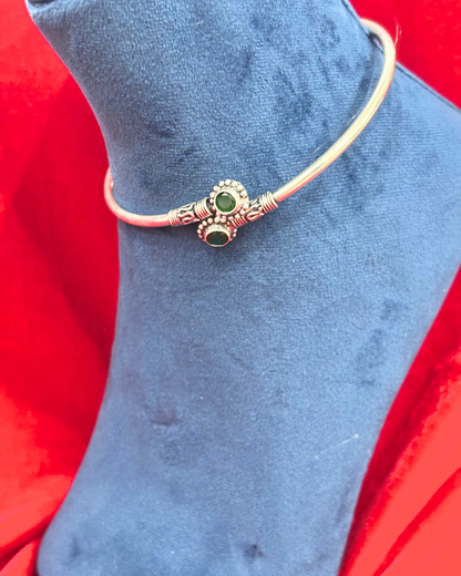 92.5 Pure Silver kada Anklets with 2 green coloured cut stones