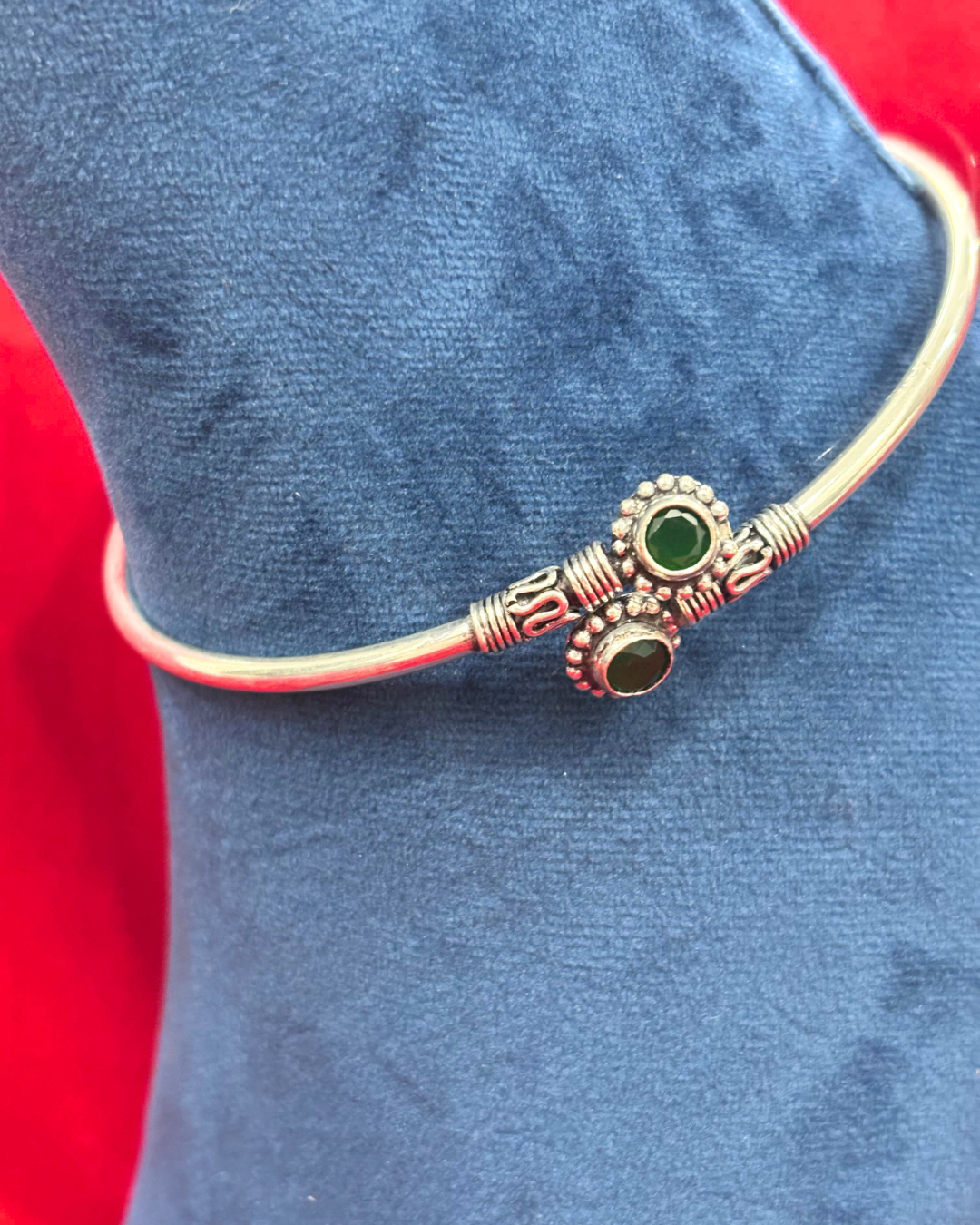 92.5 Pure Silver kada Anklets with 2 green coloured cut stones