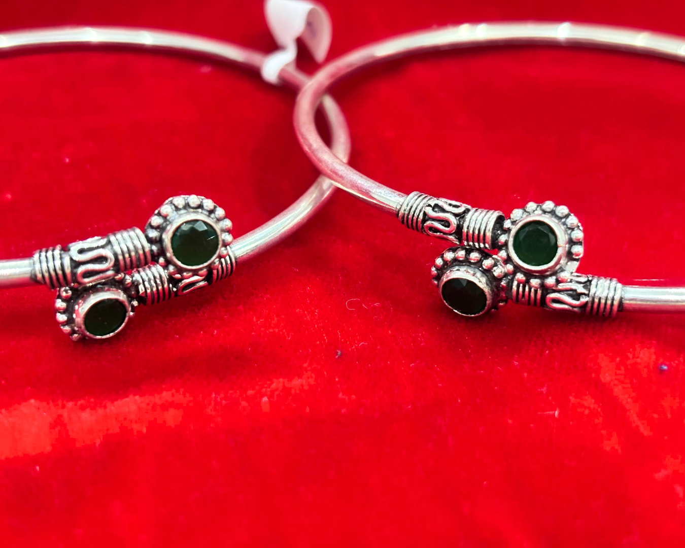 92.5 Pure Silver kada Anklets with 2 green coloured cut stones