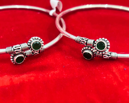 92.5 Pure Silver kada Anklets with 2 green coloured cut stones