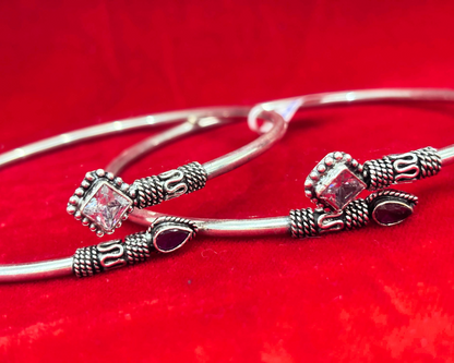 92.5 Pure Silver kada Anklets with White & Red coloured cut stones