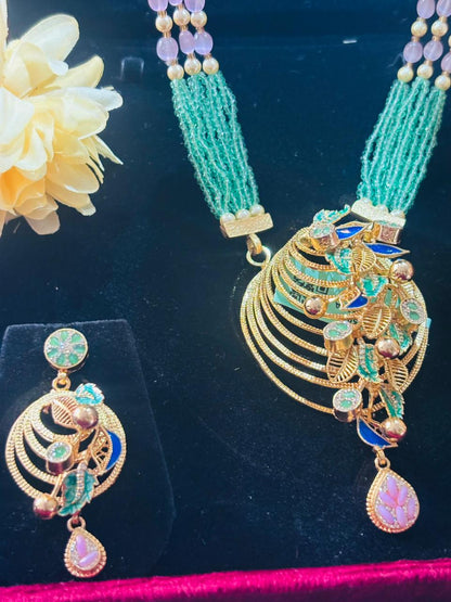 92.5 Silver Gold plated Peacock feather Ranihar Long Necklace with Earrings (GS-07)