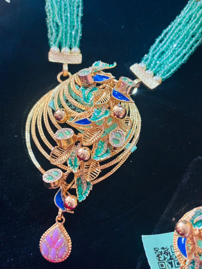 92.5 Silver Gold plated Peacock feather Ranihar Long Necklace with Earrings (GS-07)