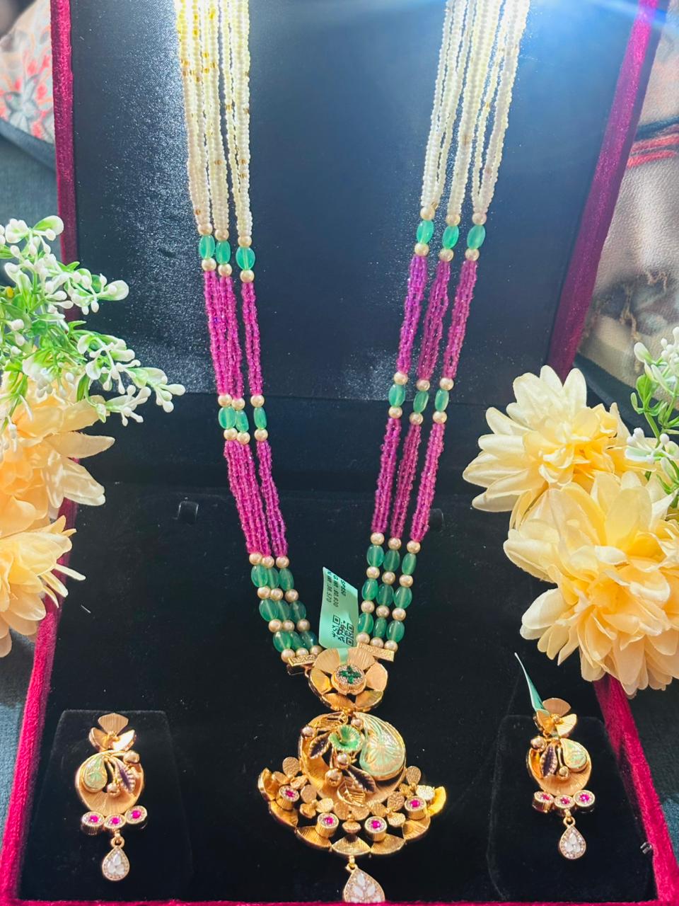 92.5 Silver Gold plated Intricate Ranihar Long Necklace with Earrings (GS-06)